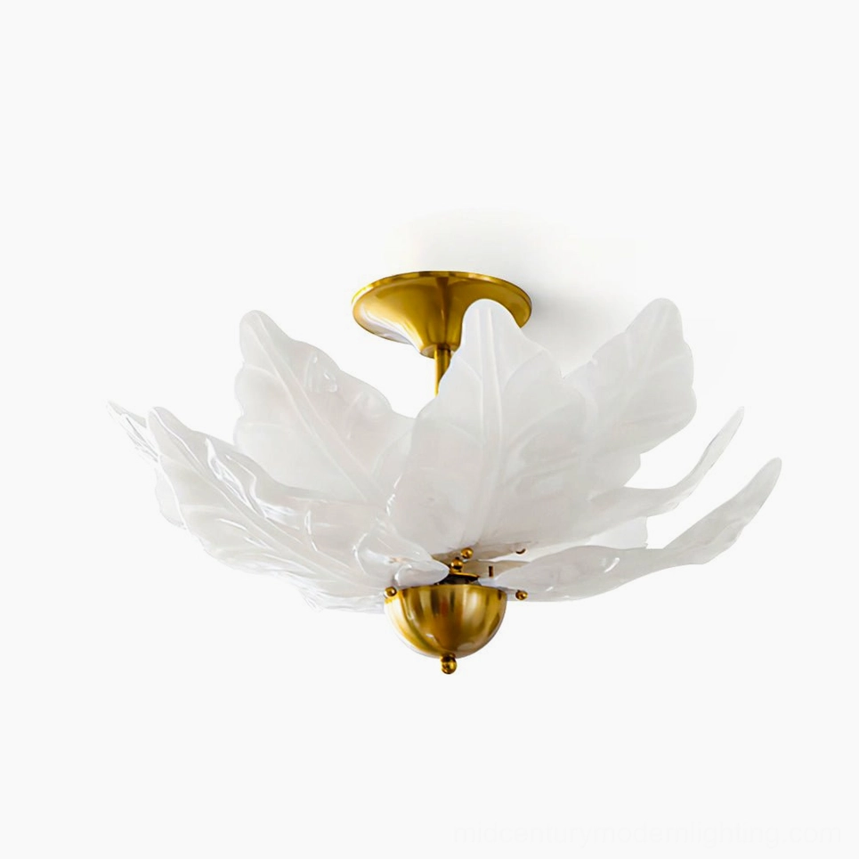 Leaf glass flush mount ceiling lamp product hero shot frosted white glass with polished gold brass accents mid-century modern design
