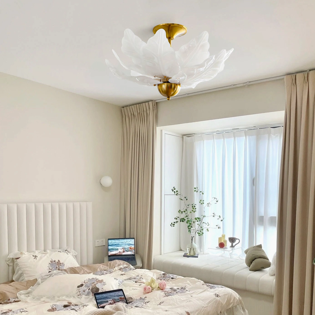 Leaf flush ceiling light overhead view in cozy French bedroom setting with bed furniture and window decor cottagecore aesthetic