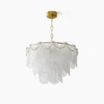 Leaf glass tiered pendant chandelier with brass frame displayed in studio setting, showcasing frosted glass leaf layers and elegant vintage-inspired design