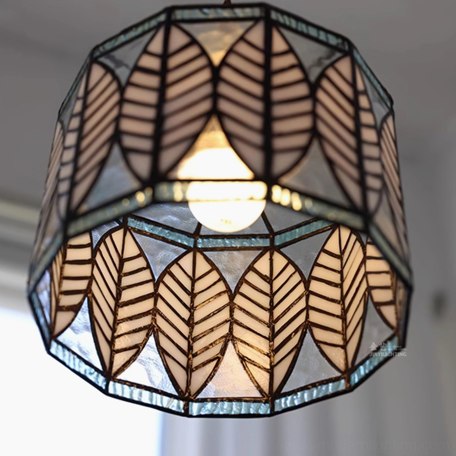 Leaf Tiffany pendant lamp with botanical stained glass design, multiple color palette options