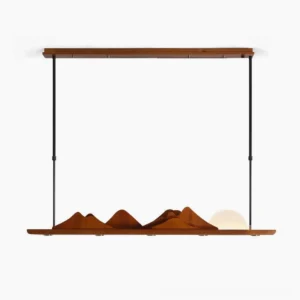 Leah Mountains linear pendant light – full front view of 47-inch walnut and black metal mountain ridge chandelier with frosted acrylic hemisphere