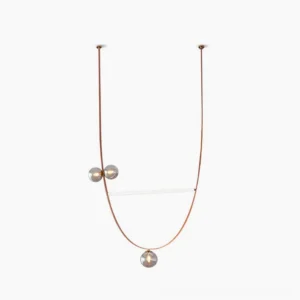 Brown leather strap sculptural ball pendant chandelier with smoked glass spheres and linear LED lights in minimalist modern design
