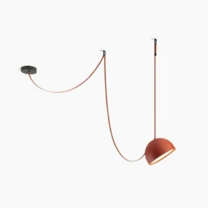 Single-head leather sling pendant lamp with tan dome shade, studio product shot on white background