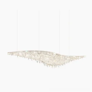 Leaves crystal chandelier overhead frontal view with sparkling clear crystals and curved wavy frame on white background