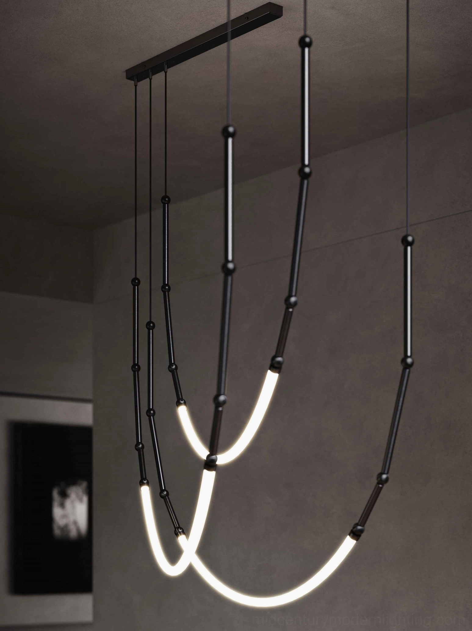 Leda chandelier installation view, ceiling-mounted sculptural LED fixture in contemporary interior