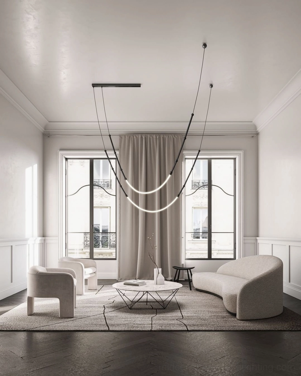 Leda LED chandelier detail view showcasing sculptural curved silicone diffuser elements and metal framework
