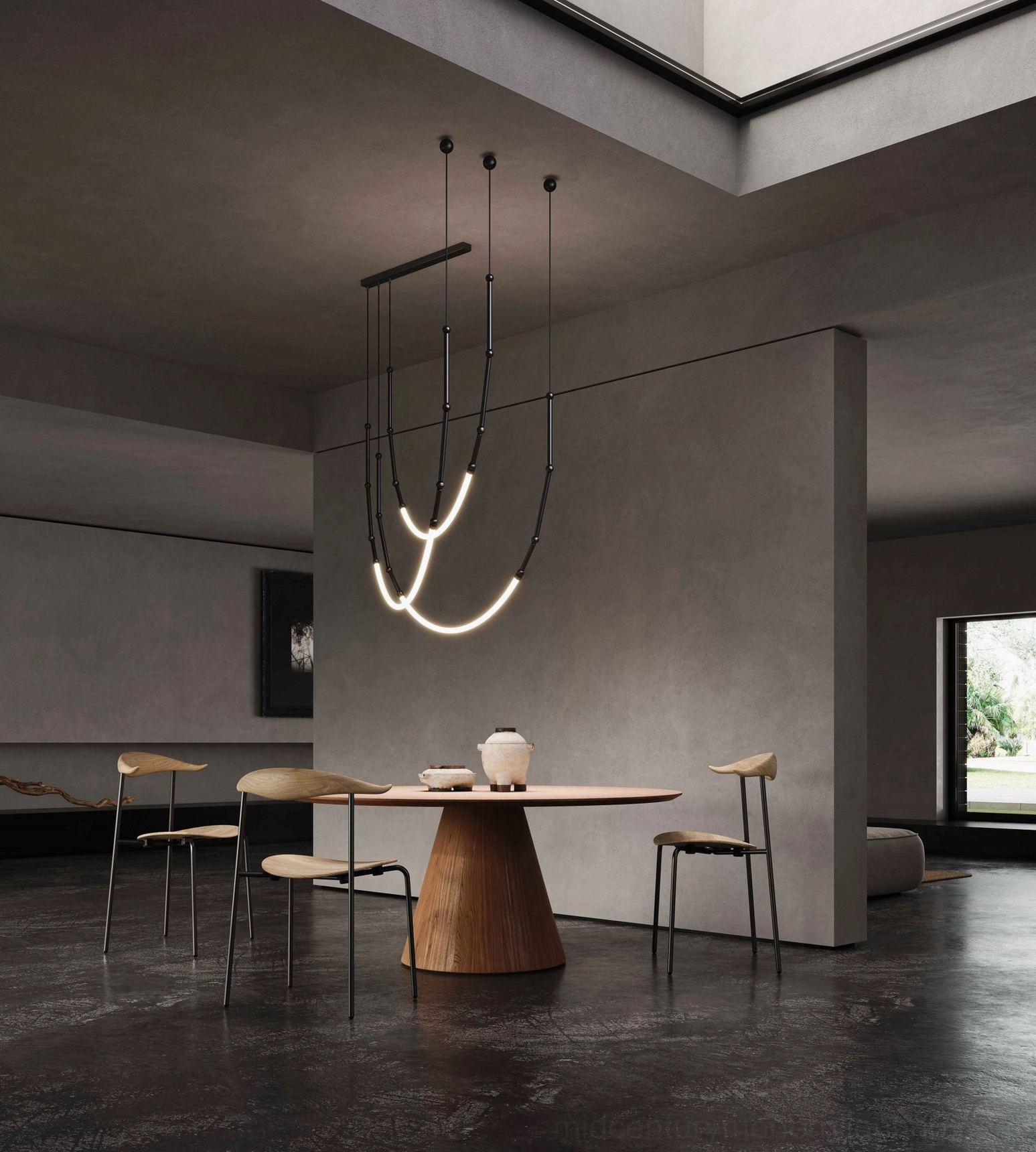 Leda LED chandelier warm light color temperature setting, intimate ambient gallery-like illumination