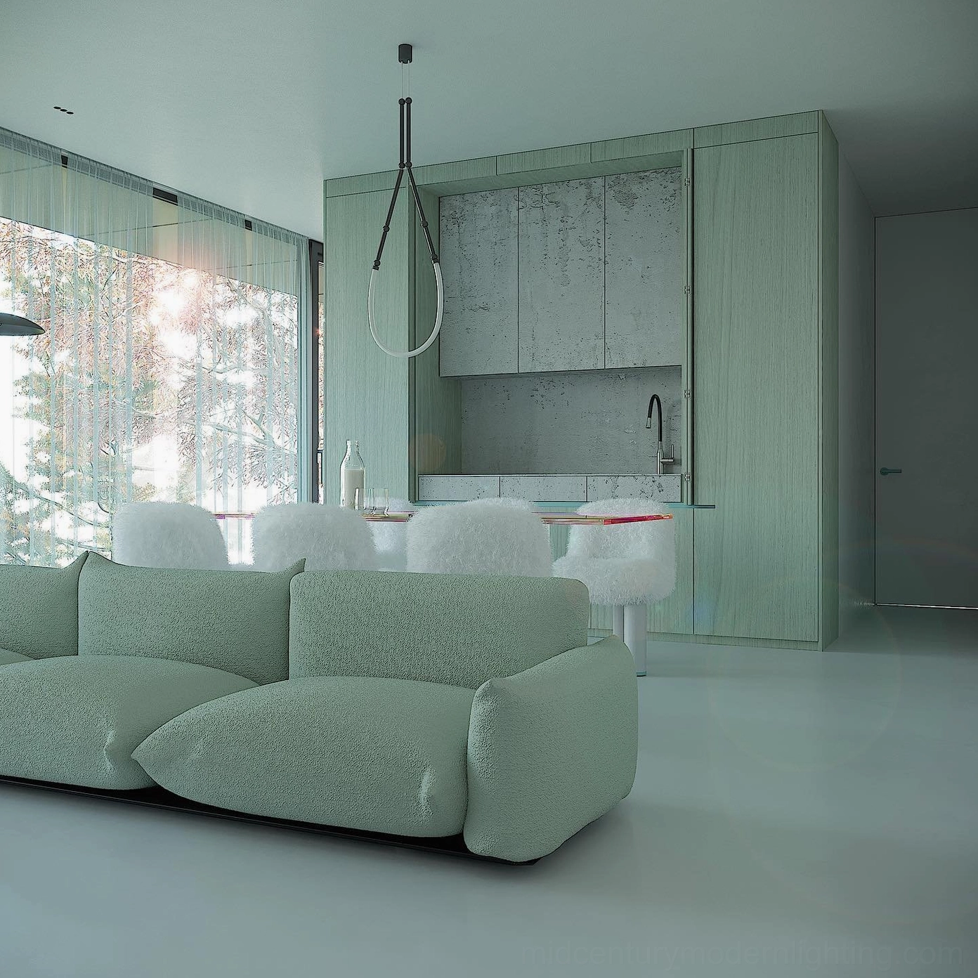 Leda curved pendant arrangement, modern minimalist lighting for open-plan living space