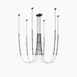 Leda multi-point suspended LED chandelier with curved silicone elements in black minimalist finish, studio product display view
