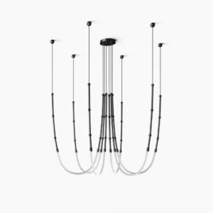 Leda multi-point suspended LED chandelier with curved silicone elements in black minimalist finish, studio product display view