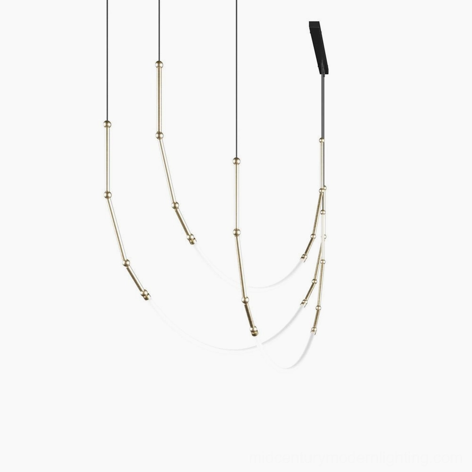 Model C Leda LED chandelier in gold finish, linear curved sculptural arrangement ceiling mounted
