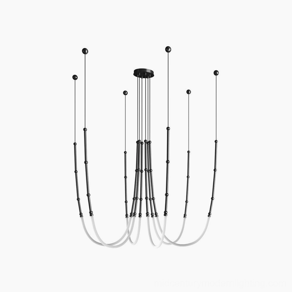 Model D Leda dual-curve LED chandelier in black finish, tall sculptural pendant fixture