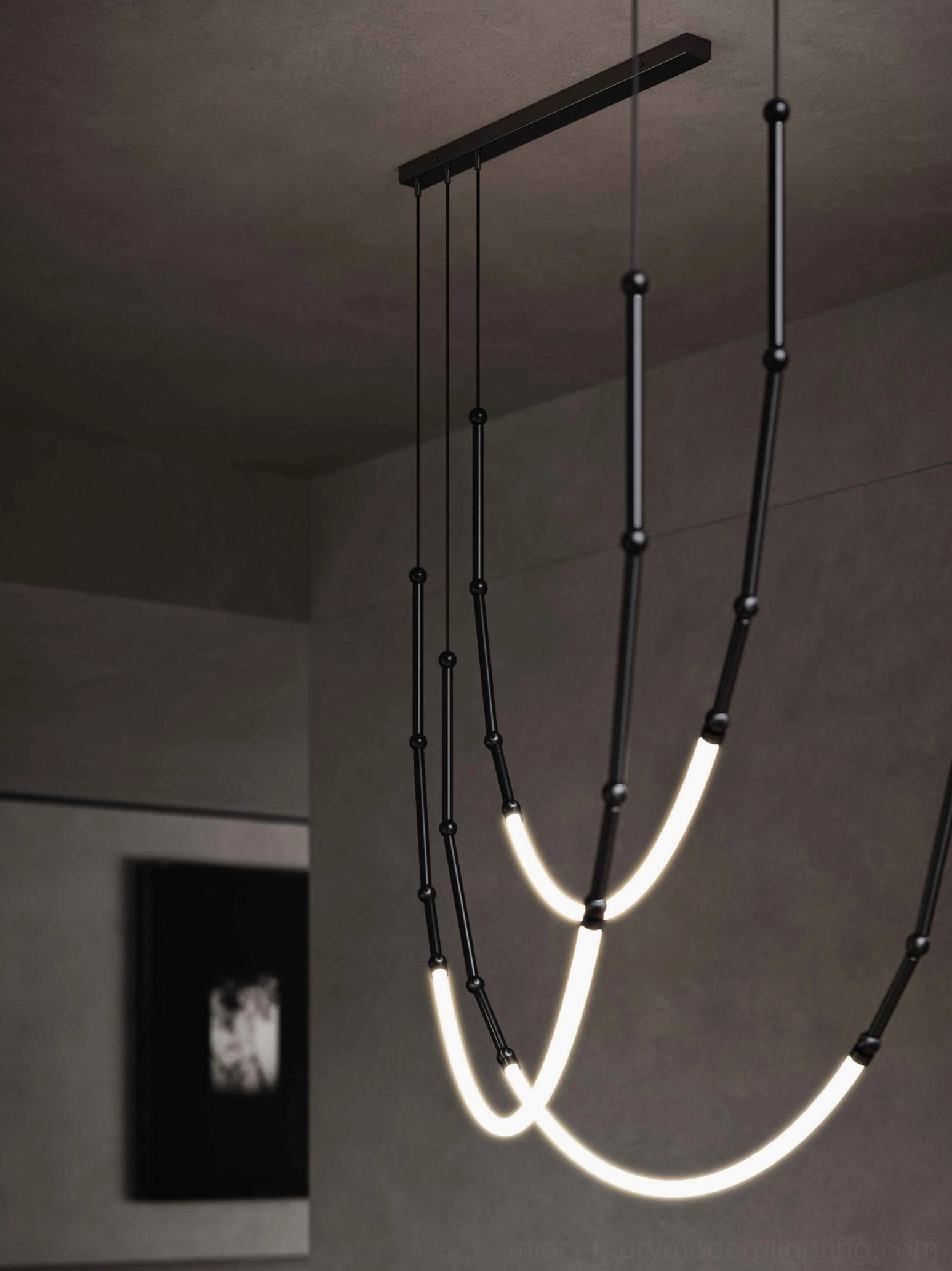 Model D Leda dual-curve sculptural LED chandelier in black finish, modern artistic pendant lighting