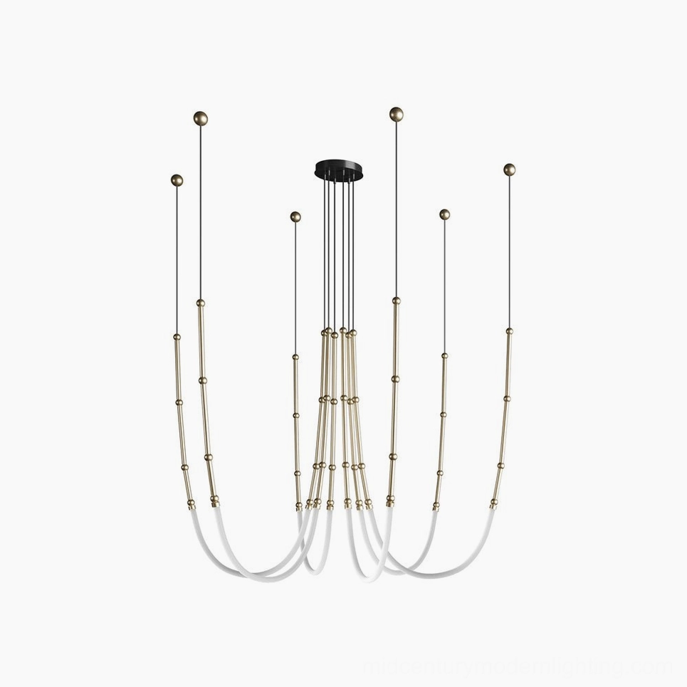 Model D Leda curved LED chandelier in gold finish, linear sculptural ceiling arrangement