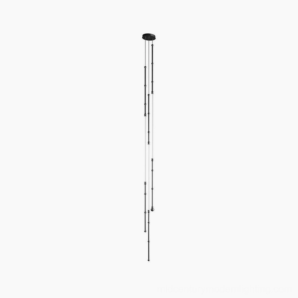 Model E Leda tall vertical LED pendant in black finish, contemporary sculptural fixture