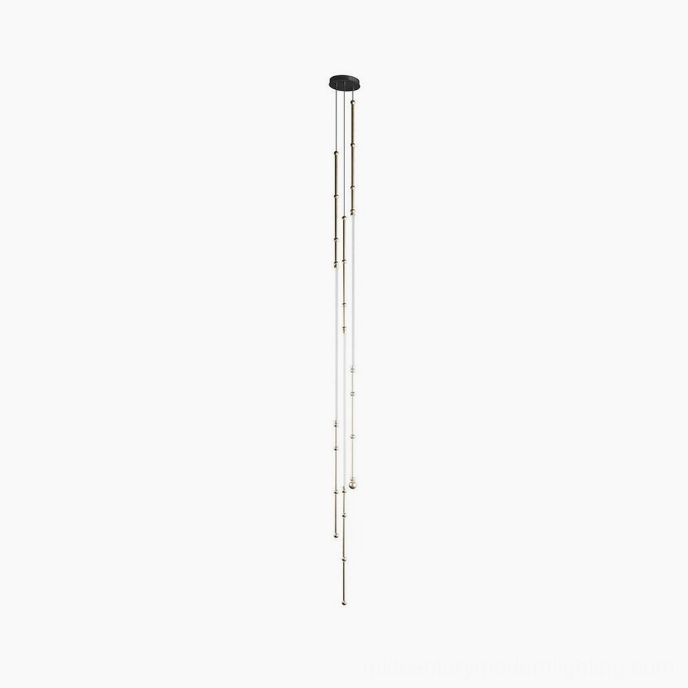 Model E Leda tall vertical LED pendant in gold finish, modern sculptural accent light