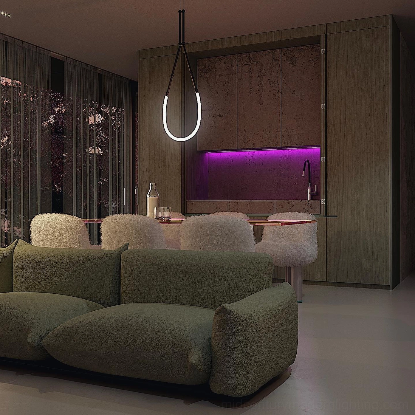 Single loop Leda pendant LED lamp in sleek minimalist warm accent lighting, modern kitchen-dining area