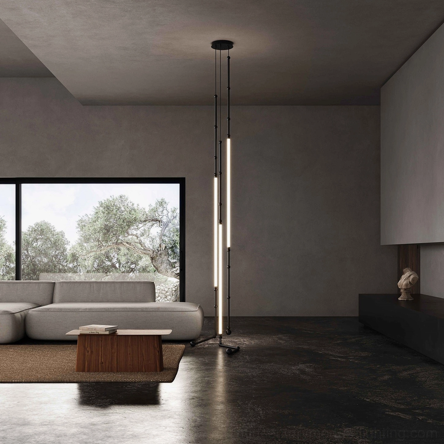 Tall vertical Leda LED floor pendant lamp in neutral tones, sleek industrial minimalist living space corner view