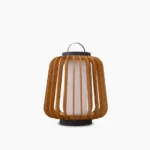 Legno outdoor table lamp front view with wooden slatted frame and stainless steel hardware minimalist design
