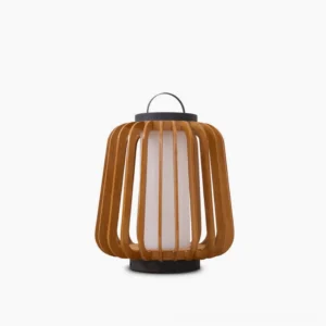 Legno outdoor table lamp front view with wooden slatted frame and stainless steel hardware minimalist design
