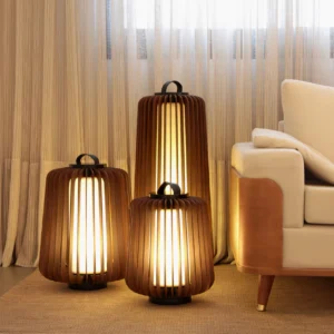 Set of Legno modern outdoor table lamps in living room with warm ambient lighting and bohemian style decor