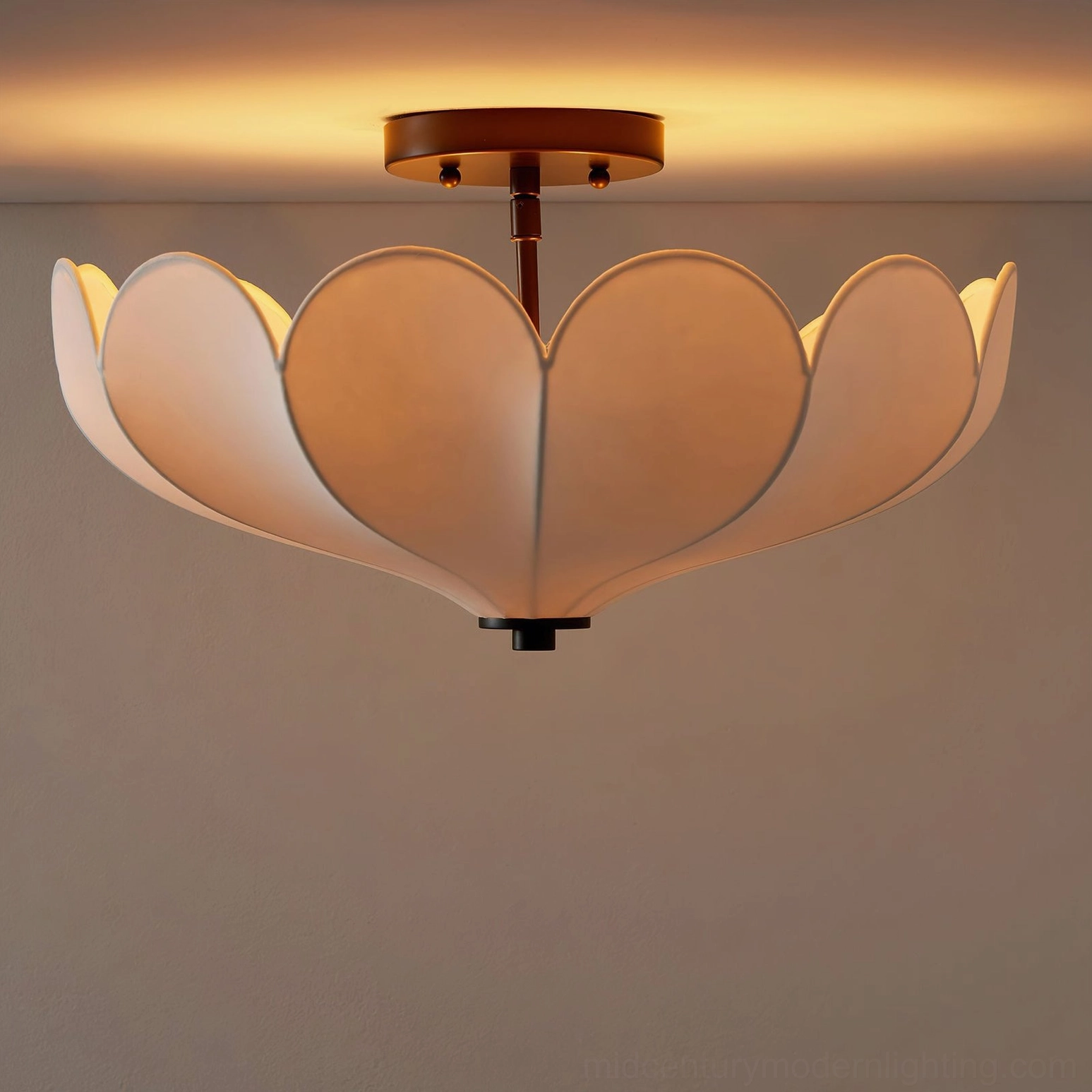Leni ceiling light illuminated warm ambient glow beige fabric indoor setting