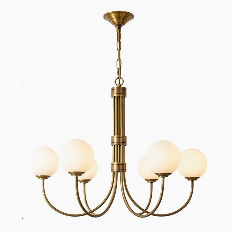 Lenore six-head brass chandelier with polished brass frame and frosted glass shades, mid-century modern compact design
