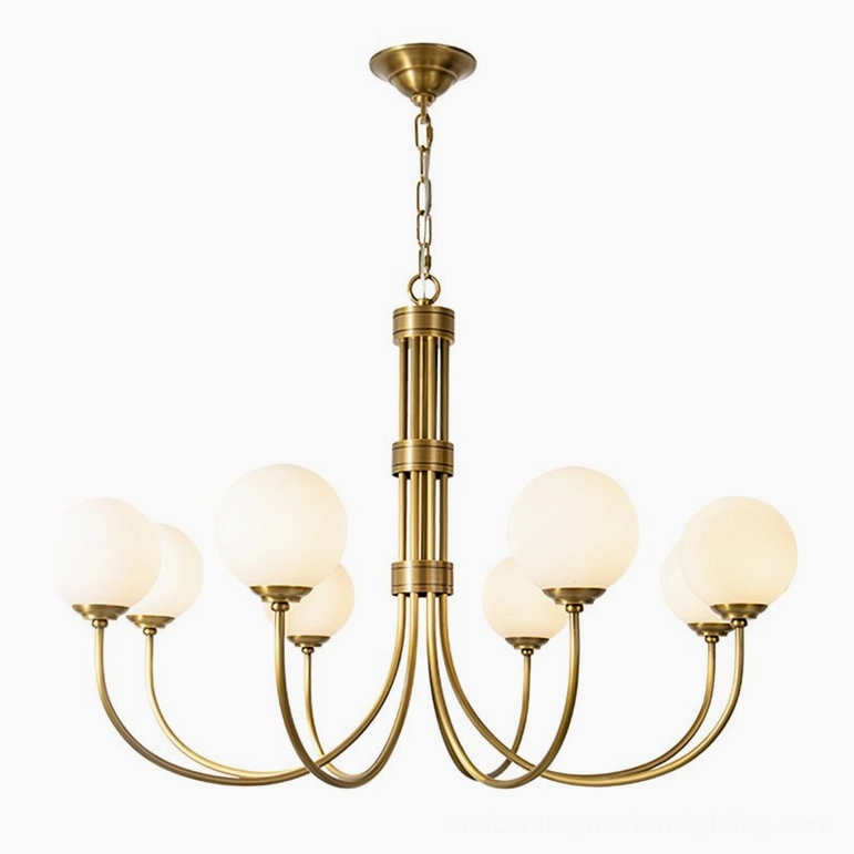 Lenore eight-light brass chandelier complete fixture with all curved arms and frosted glass globes installed, brass and white finish