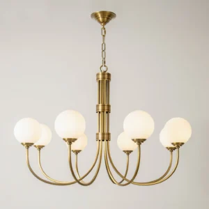 Eight-light brass chandelier with polished brass frame and opal glass shades, close-up front view, vintage mid-century fixture