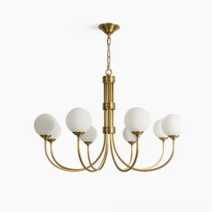 Lenore brass chandelier with eight curved arms and frosted glass globes, overhead studio shot on white background, mid-century modern design