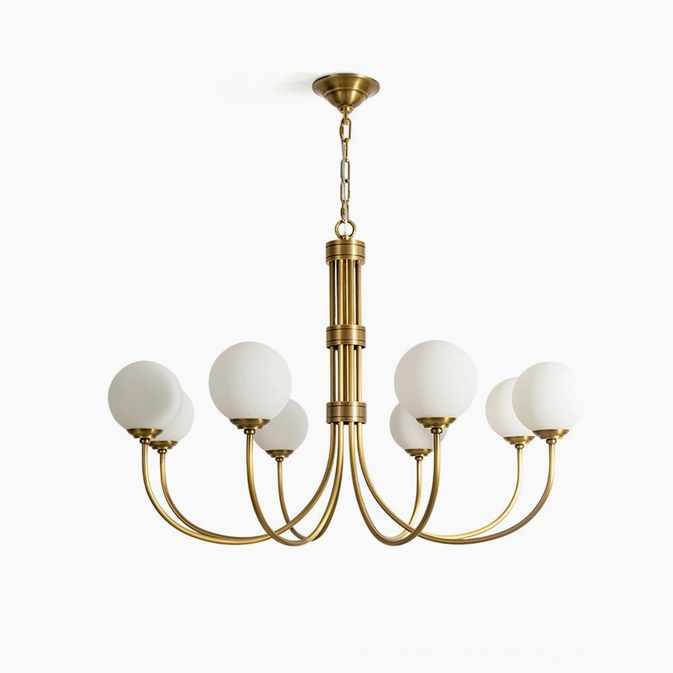 Lenore brass chandelier with eight curved arms and frosted glass globes, overhead studio shot on white background, mid-century modern design