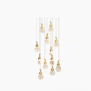 Leo Bubble Chandelier frontal view - modern glass pendant cluster with gold brass hardware and clear seeded glass orbs