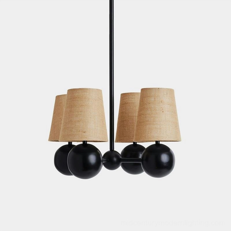 Leoda 4-light chandelier with matte black frame and brown burlap tapered lamp shades, product shot