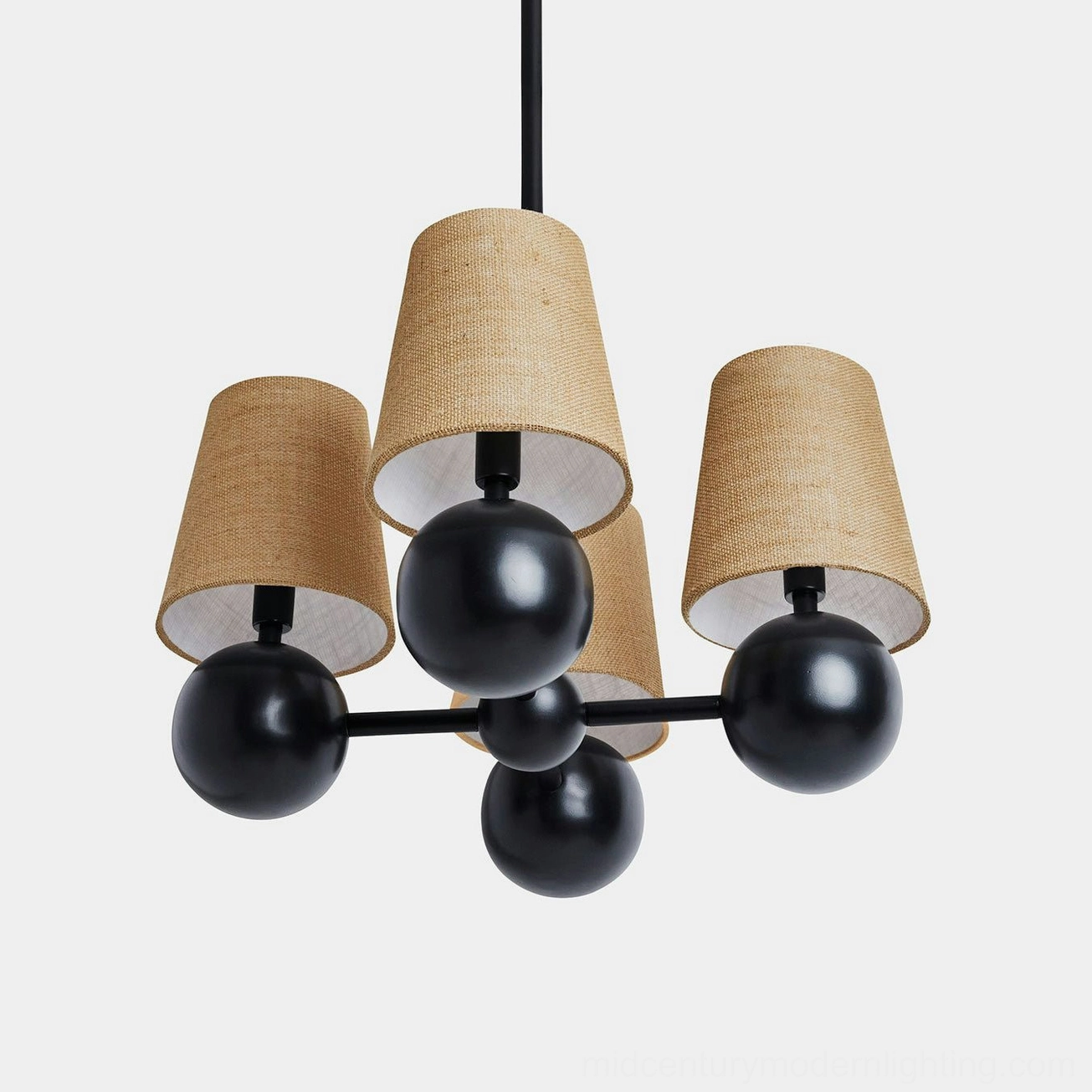 Leoda 4-light crossbar chandelier with matte black metal frame and burlap tapered shades, architectural view