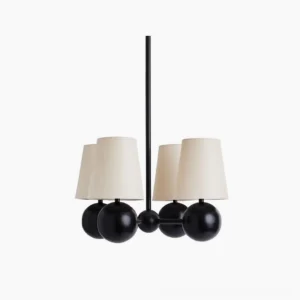 Leoda 4-light modern chandelier with matte black brass frame and off-white fabric shades, front view on white background