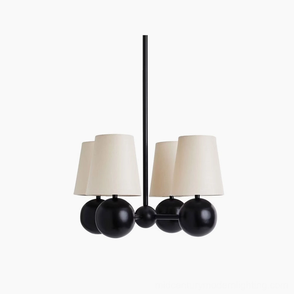 Leoda 4-light modern chandelier with matte black brass frame and off-white fabric shades, front view on white background