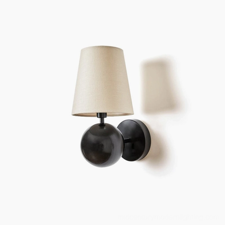 Leoda wall sconce black and linen finish, compact wall-mounted lighting with geometric brass accent