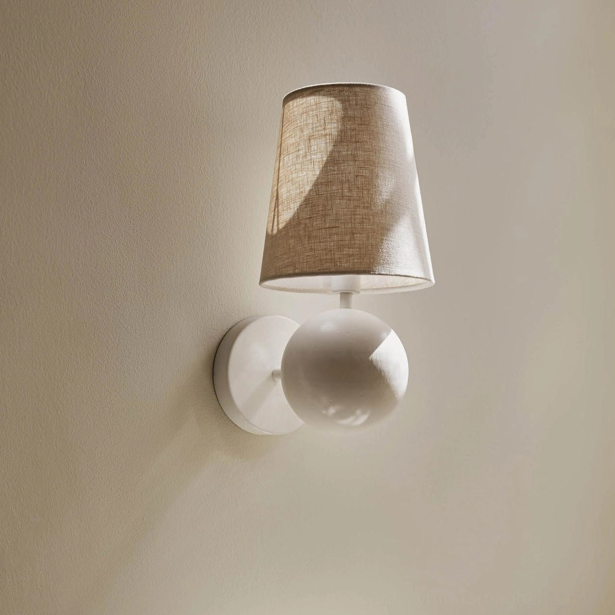 Leoda modern wall sconce architectural lighting detail, brass and linen construction, minimalist contemporary style