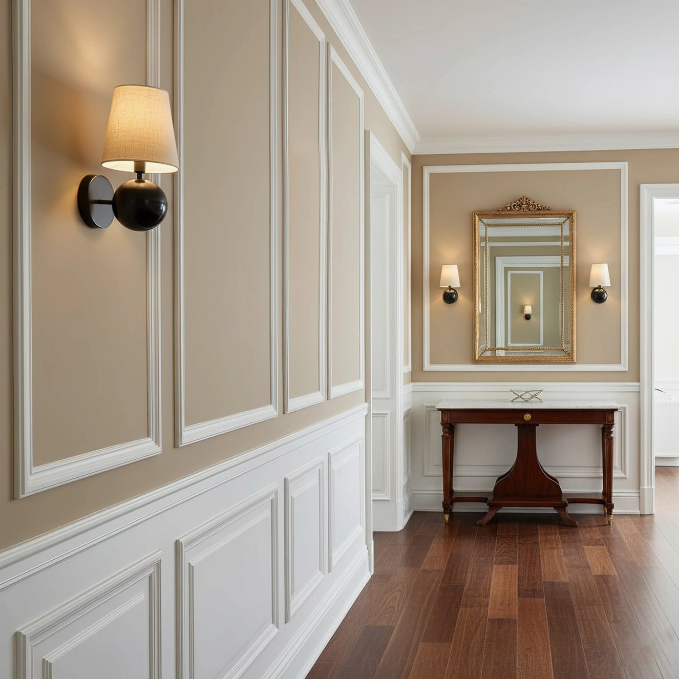 Black and beige Leoda wall sconce mounted in wainscoted hallway, classic residential interior design