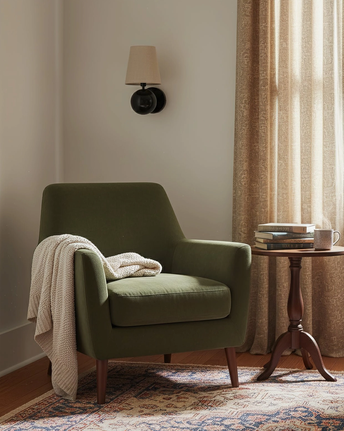 Leoda wall sconce in living room corner with green accent chair and side table, mid-century modern home styling