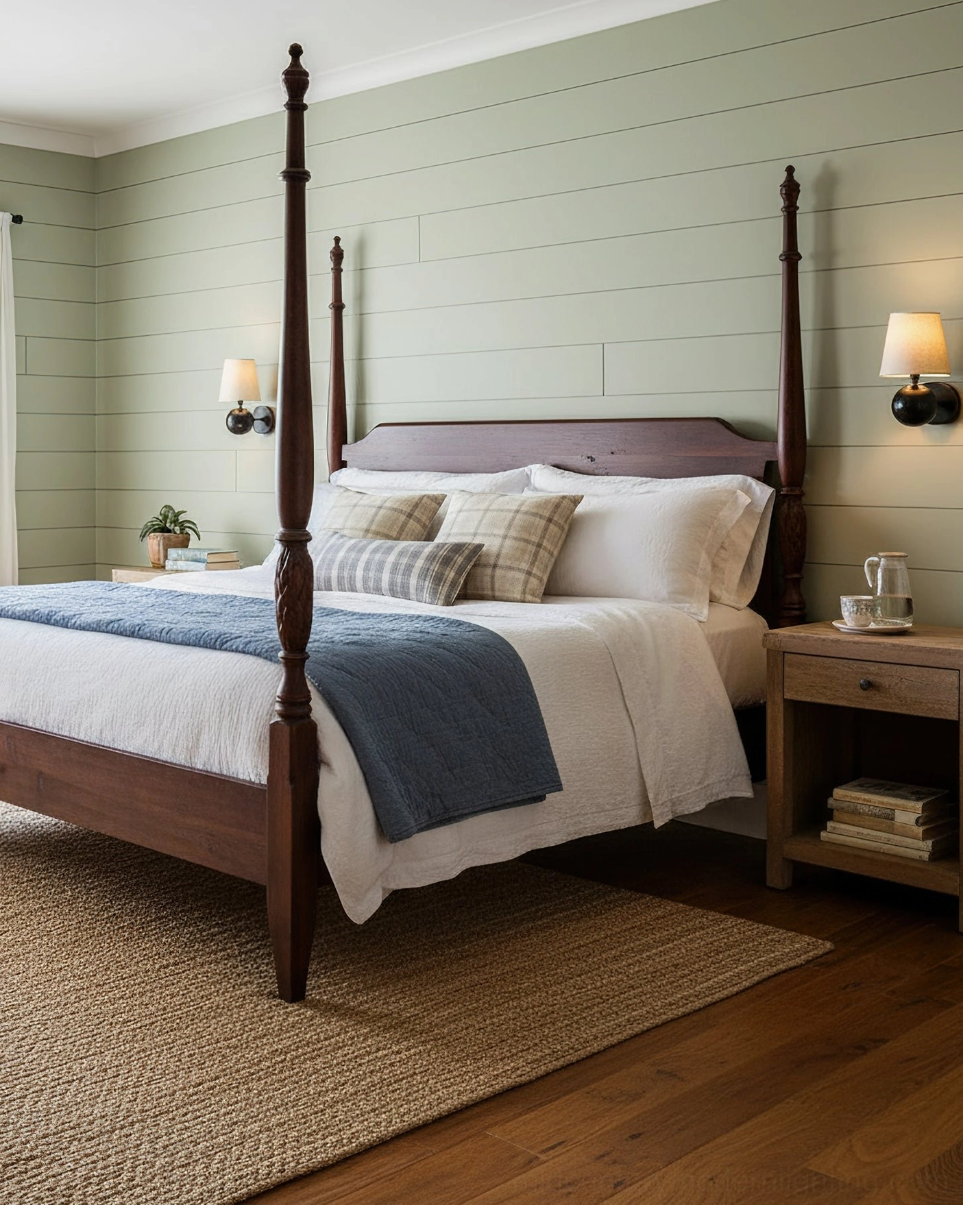 Pair of Leoda wall sconces flanking four-poster bed in guest bedroom, neutral cottage style interior