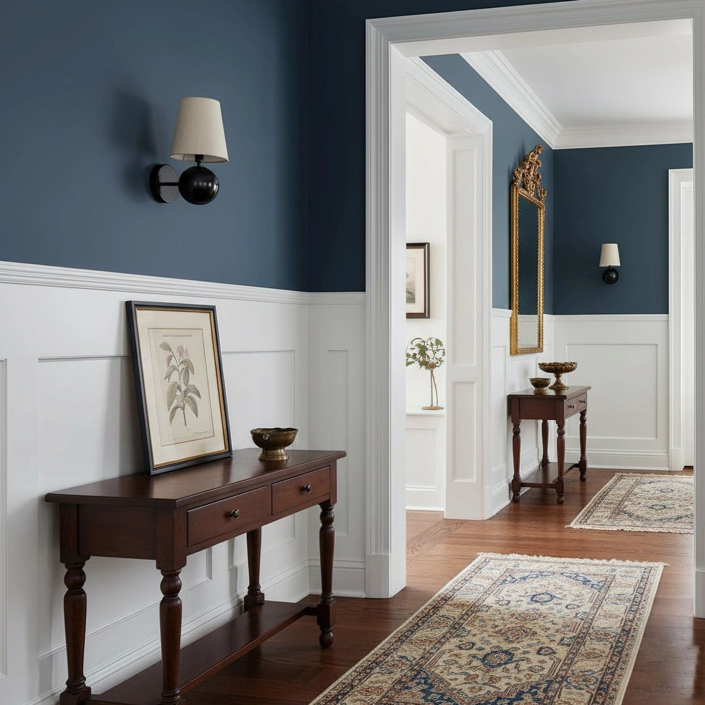 Leoda wall sconces illuminating two-tone wainscoted hallway, elegant formal interior lighting design