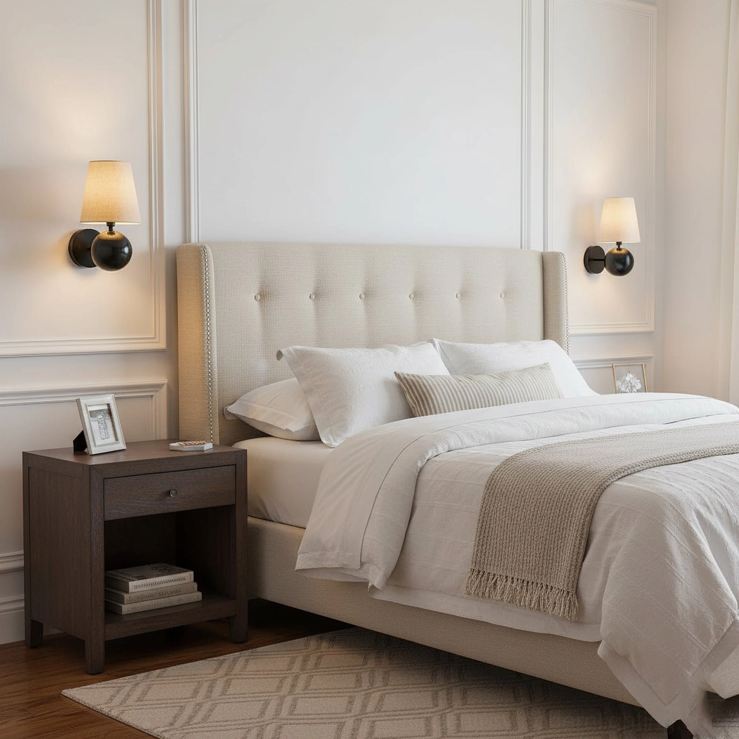 Pair of Leoda wall sconces flanking tufted headboard in master bedroom, warm traditional decor setting