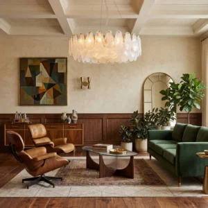 Leon Cloud Glass Chandelier in formal living room with warm neutral traditional decor