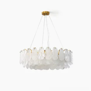 Leon Cloud Glass Chandelier studio overhead view—frosted rippled glass panels wrapped around polished brass frame