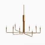Lepanto 8-head brass chandelier overhead view featuring geometric minimalist metal frame design and clean angular arms radiating from central axis, perfect for mid-century modern interiors