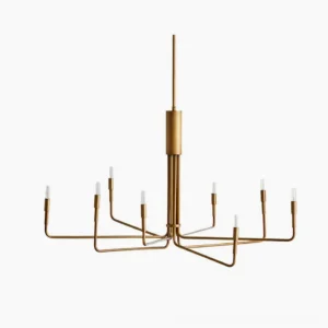 Lepanto 8-head brass chandelier overhead view featuring geometric minimalist metal frame design and clean angular arms radiating from central axis, perfect for mid-century modern interiors
