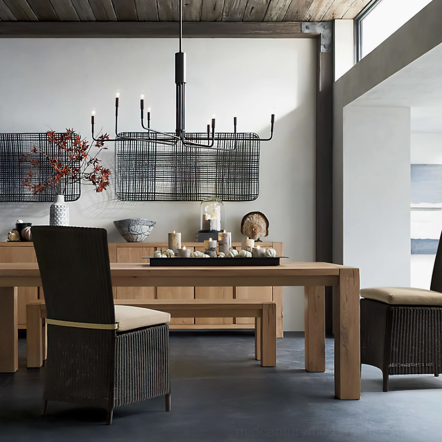 Lepanto black chandelier in formal modern dining room wide perspective showing industrial minimalist aesthetic with geometric metal frame providing ambient lighting above dining table