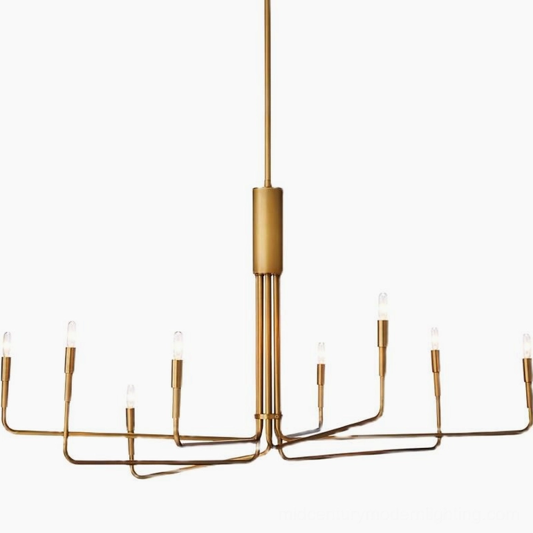 Lepanto 8-light brass chandelier low overhead studio view featuring minimalist mid-century modern geometric design with balanced metal arms and warm brass patina finish