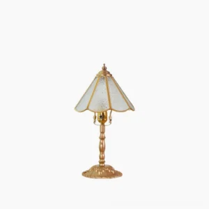 Leslie vintage Tiffany stained glass table lamp with brass base on white background, coffee and gold finish showing scalloped textured glass panels